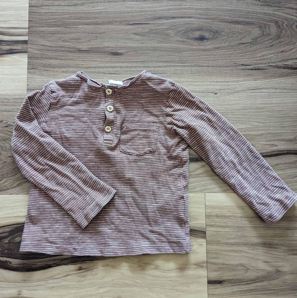 H&M Kids Size 18-24M Henley Brown White Striped Long Sleeve Shirt Buttons Pocket